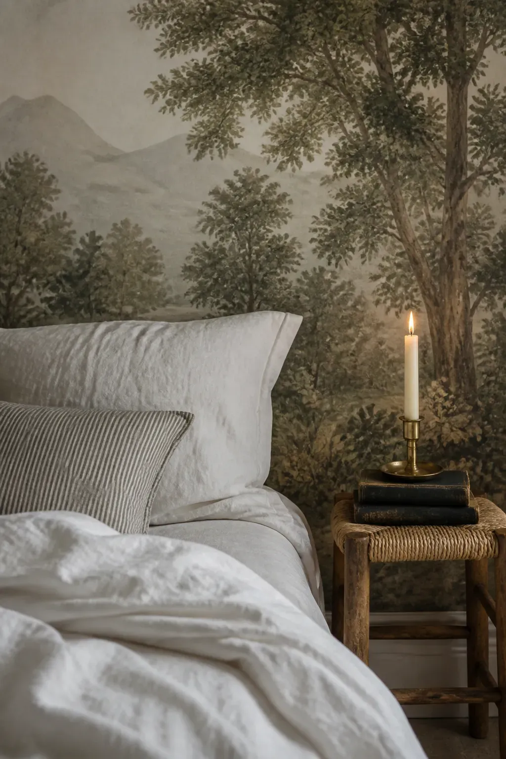 Monochrome bedroom wall mural featuring detailed hand-drawn tree sketches.