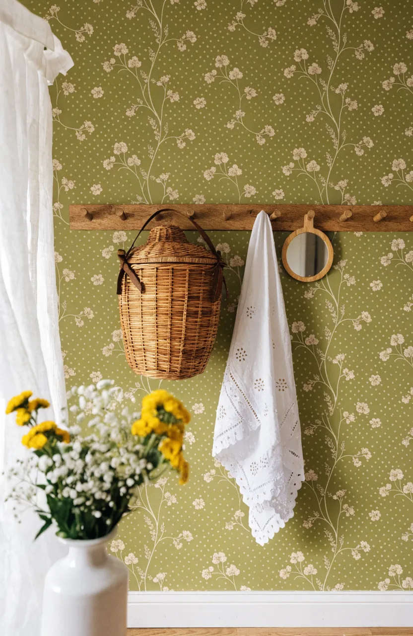 A dining area featuring vintage-style olive green floral wallpaper and wooden accents.