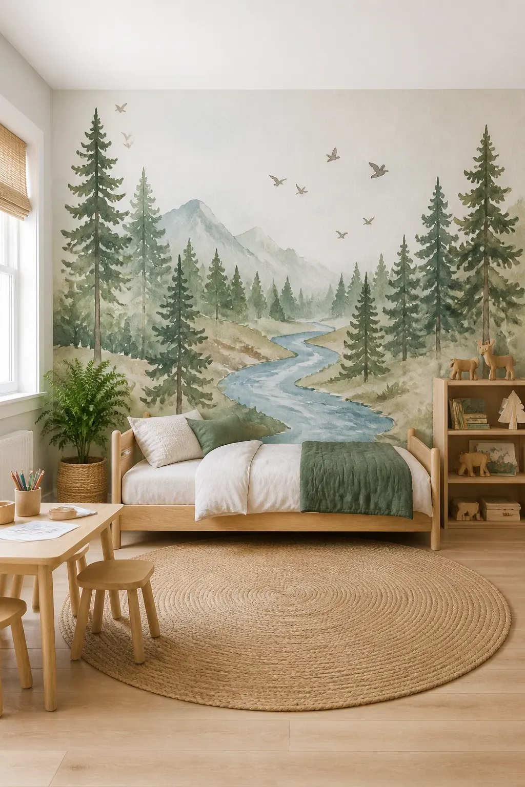 Playful forest mural for a child's room featuring stylized trees and friendly woodland animals.