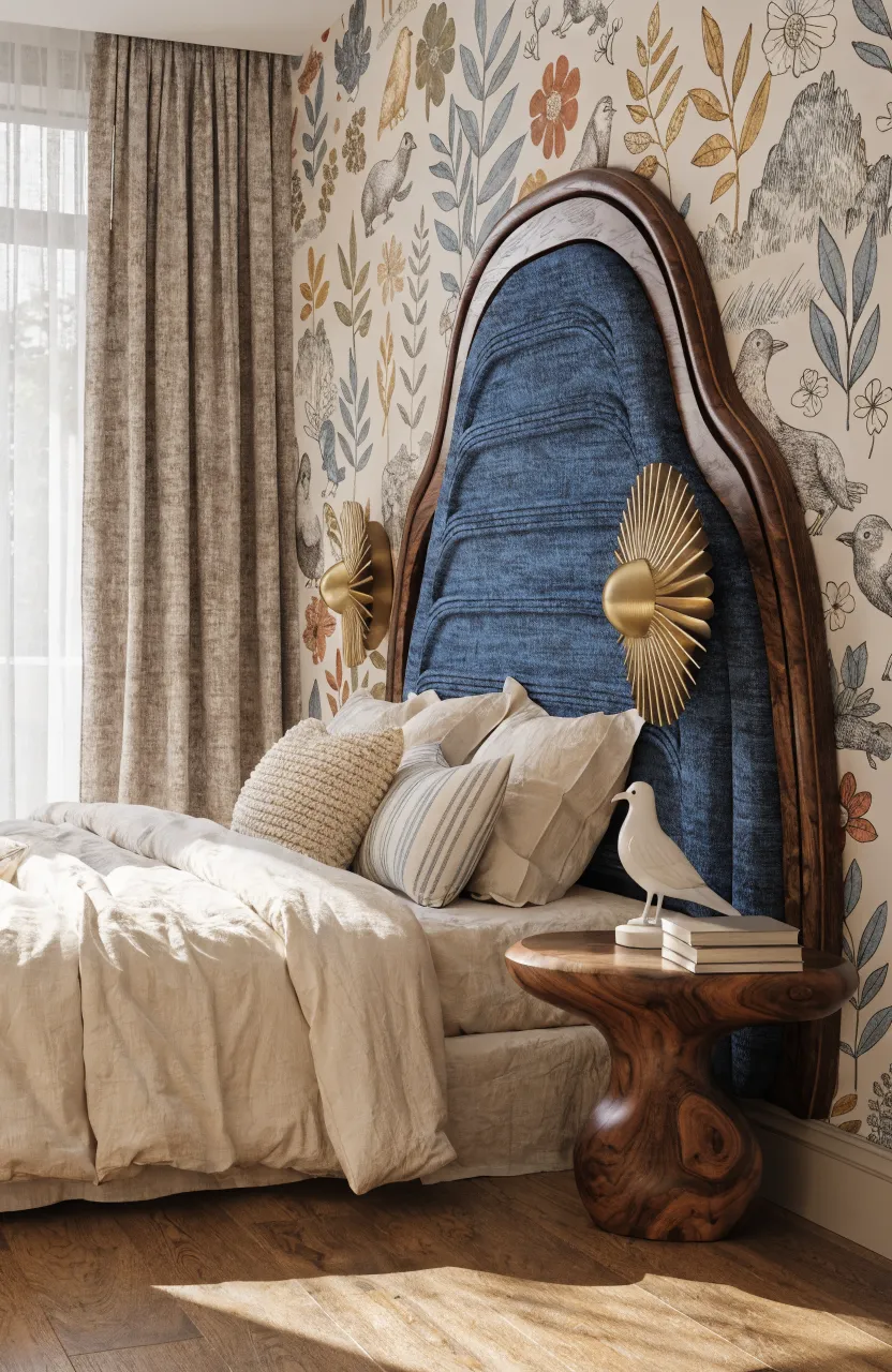 A bedroom featuring intricate whimsical bohemian patterns on the wall with vibrant accents.