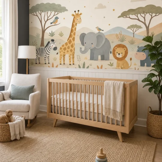 A modern Scandinavian nursery featuring a whimsical scandinavian safari doodle mural above a light oak crib.