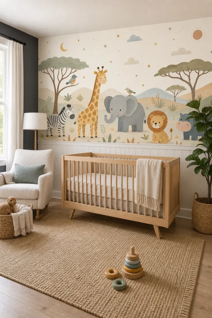 A modern Scandinavian nursery featuring a whimsical scandinavian safari doodle mural above a light oak crib.