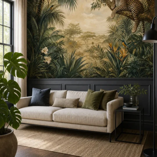 A high-end contemporary colonial living room featuring a tropical leopard safari botanical mural installed above dark charcoal wainscoting.
