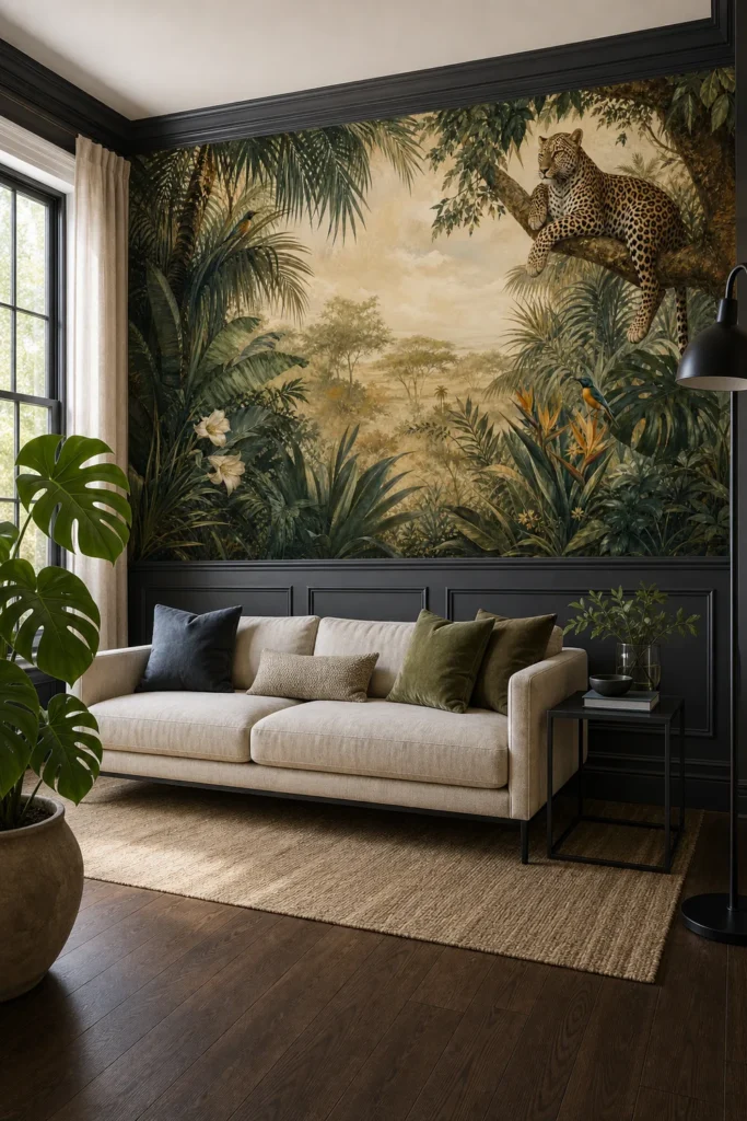 A high-end contemporary colonial living room featuring a tropical leopard safari botanical mural installed above dark charcoal wainscoting.