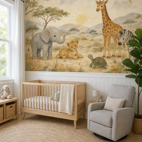 A modern Scandinavian nursery featuring a storybook safari animals mural installed on the upper half of the main feature wall above white wainscoting.