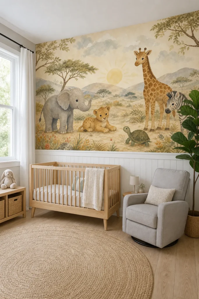 A modern Scandinavian nursery featuring a storybook safari animals mural installed on the upper half of the main feature wall above white wainscoting.