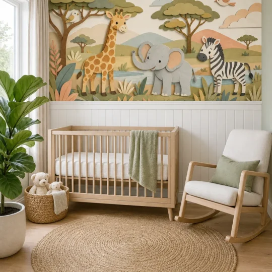 A modern Scandinavian nursery featuring a paper cut safari nursery mural on the back wall above white wainscoting.