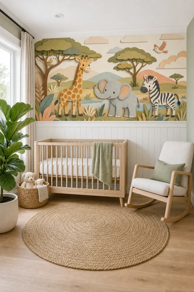 A modern Scandinavian nursery featuring a paper cut safari nursery mural on the back wall above white wainscoting.