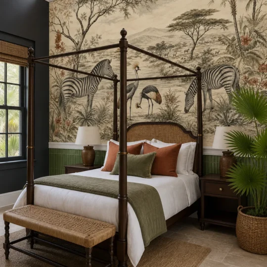 A British West Indies style bedroom featuring a vintage safari toile zebra mural installed on a feature wall above white wainscoting.