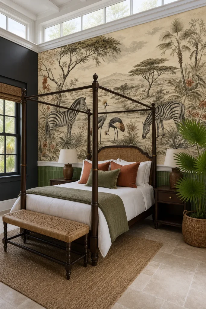 A British West Indies style bedroom featuring a vintage safari toile zebra mural installed on a feature wall above white wainscoting.