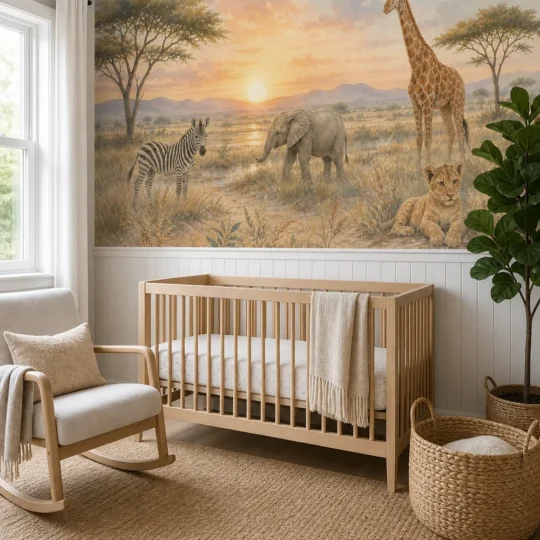 A modern Scandinavian nursery featuring a soft safari animals nursery mural with a watercolor baby elephant and giraffe behind a white crib.