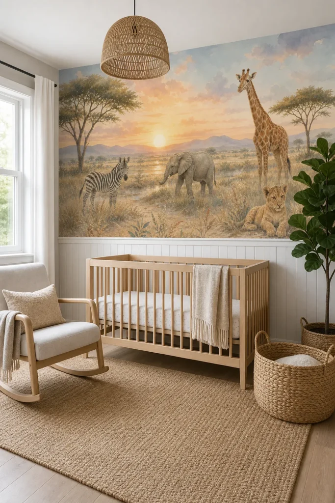A modern Scandinavian nursery featuring a soft safari animals nursery mural with a watercolor baby elephant and giraffe behind a white crib.