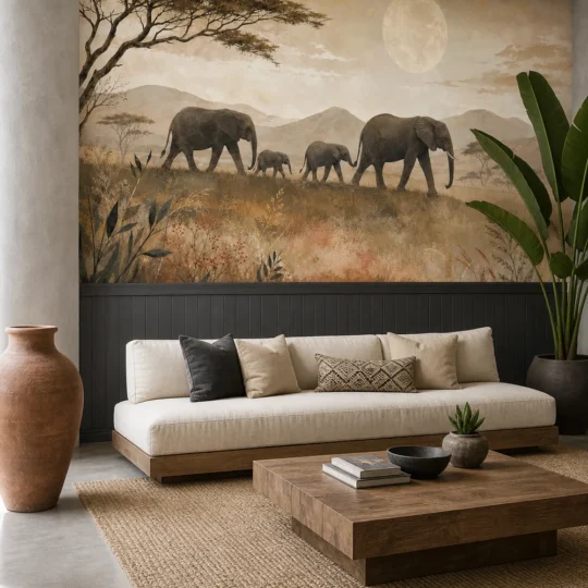 An Afro-minimalist modern lodge featuring a moonlit elephant safari mural installed above charcoal wainscoting.