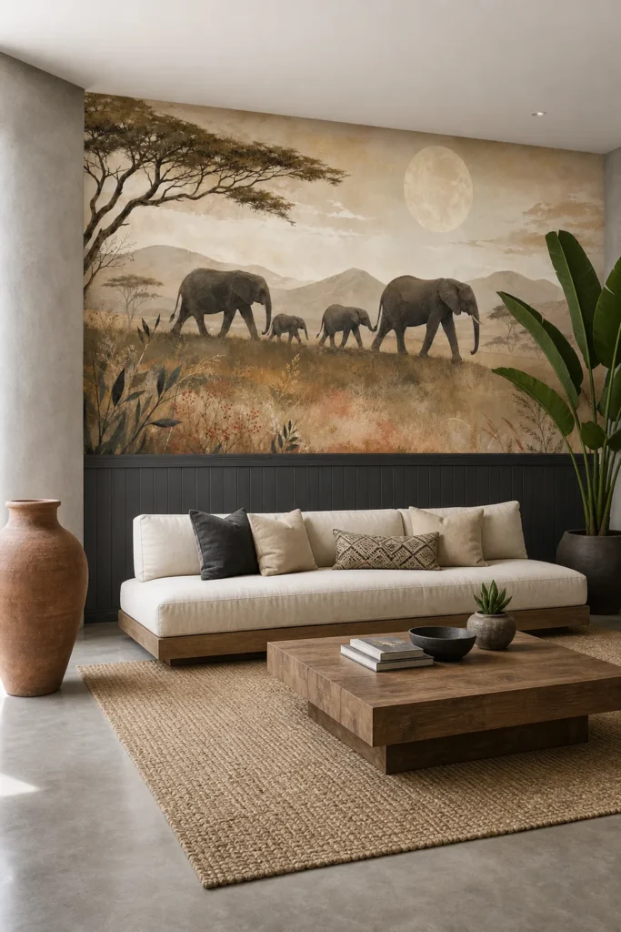An Afro-minimalist modern lodge featuring a moonlit elephant safari mural installed above charcoal wainscoting.