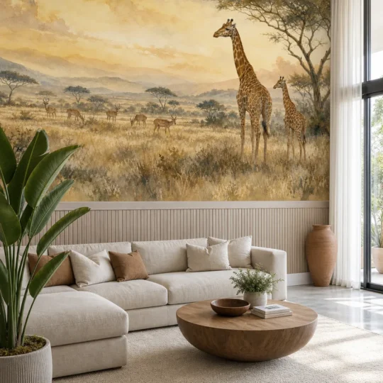 A modern organic living room featuring a safari savanna giraffe watercolor mural installed above elegant wall paneling.