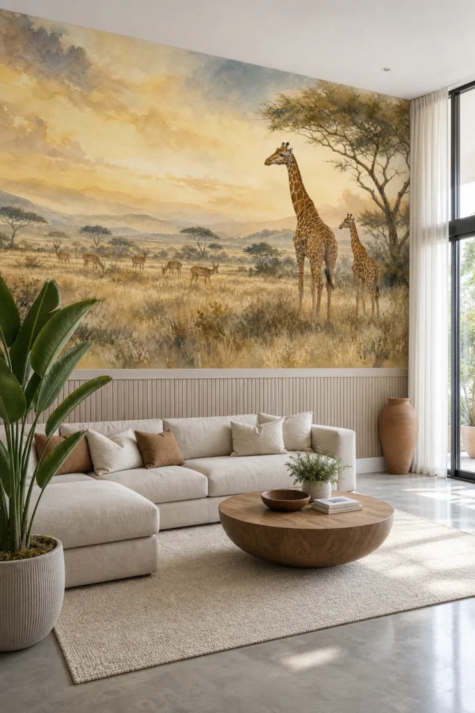A modern organic living room featuring a safari savanna giraffe watercolor mural installed above elegant wall paneling.