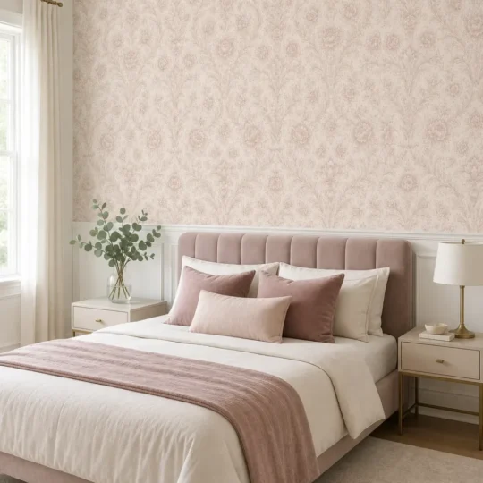 A modern neoclassical bedroom featuring a blush floral damask mural on the upper accent wall above white wainscoting.