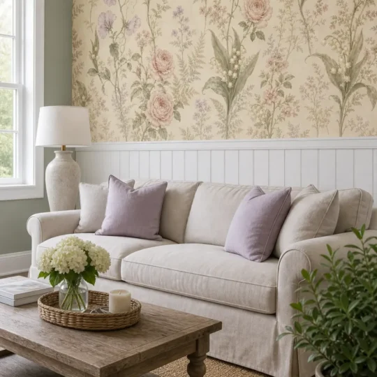 A Contemporary English Cottage interior featuring a soft sweet pea rose garden mural above white wainscoting.