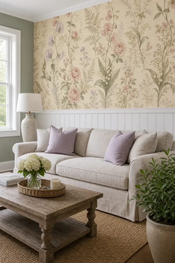 A Contemporary English Cottage interior featuring a soft sweet pea rose garden mural above white wainscoting.