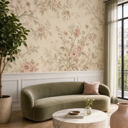 A modern Parisian living room featuring a delicate dogwood wildflower mural installed above white wainscoting behind a curved velvet sofa.