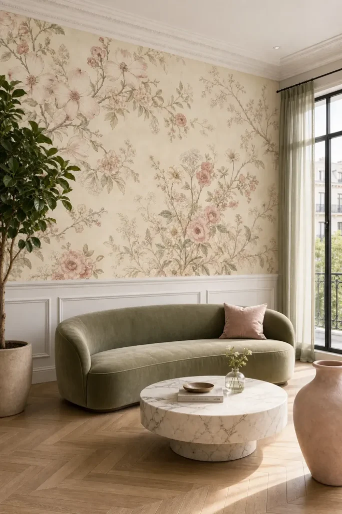 A modern Parisian living room featuring a delicate dogwood wildflower mural installed above white wainscoting behind a curved velvet sofa.
