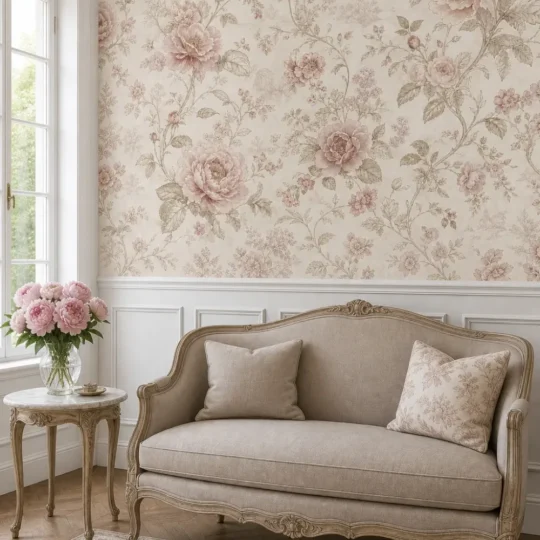 A French Provincial room featuring a vintage blush peony toile mural on the upper half of a wainscoted wall behind a taupe settee.