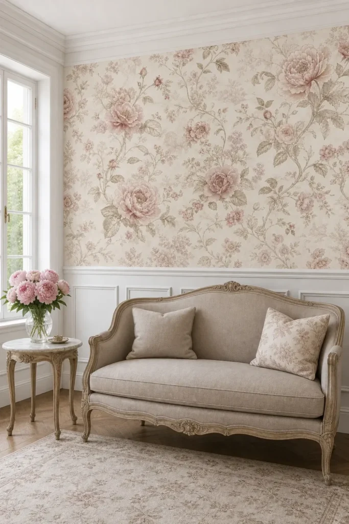 A French Provincial room featuring a vintage blush peony toile mural on the upper half of a wainscoted wall behind a taupe settee.