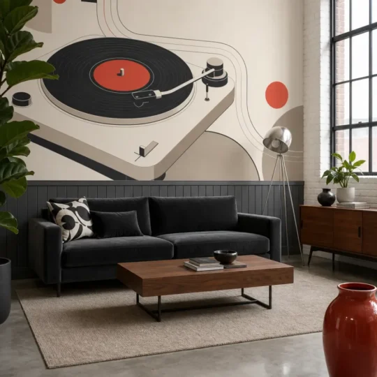 A Contemporary Mid-Century Loft featuring a retro turntable minimalist magazine mural on a feature wall above a charcoal velvet sofa.