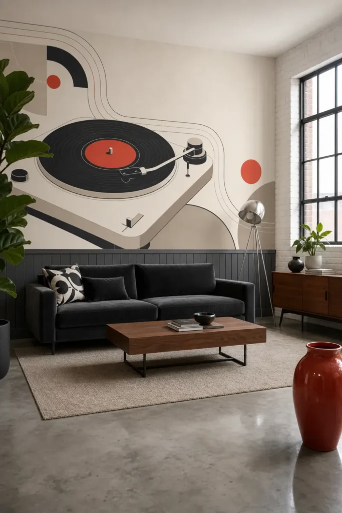 A Contemporary Mid-Century Loft featuring a retro turntable minimalist magazine mural on a feature wall above a charcoal velvet sofa.