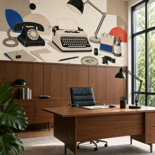 A Mid-Century Modern executive home office featuring a retro creative desk minimalist mural on the wall above walnut paneling.