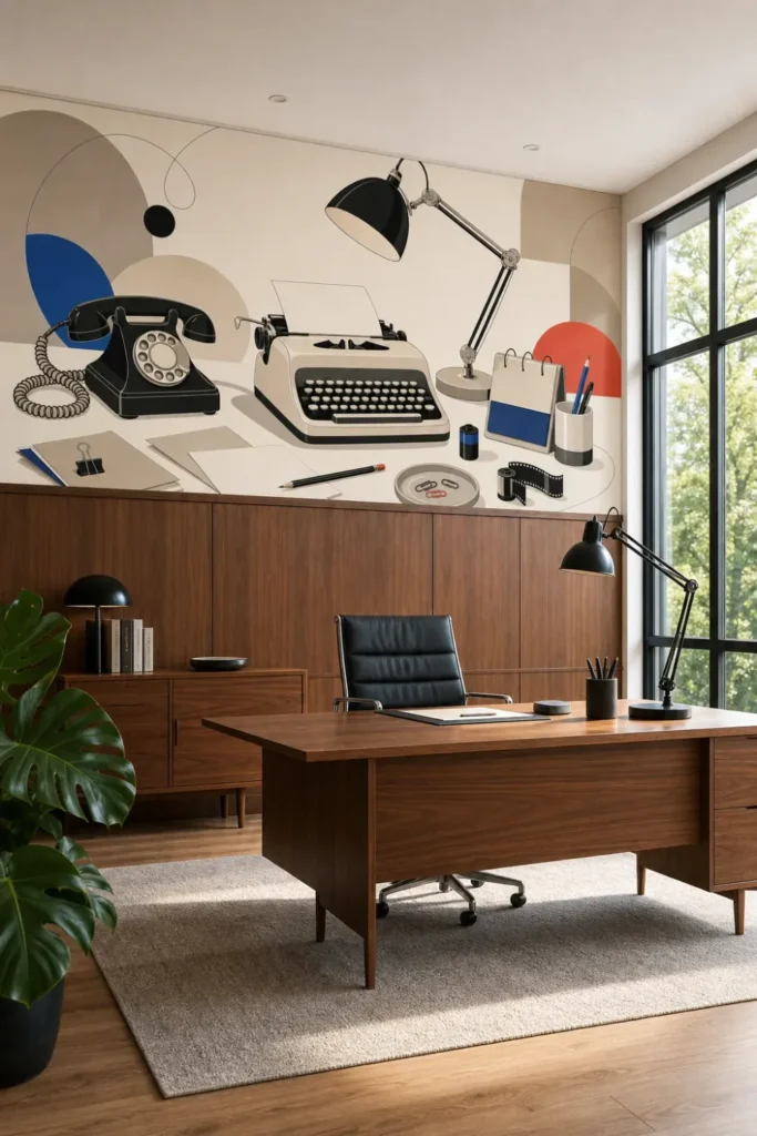 A Mid-Century Modern executive home office featuring a retro creative desk minimalist mural on the wall above walnut paneling.