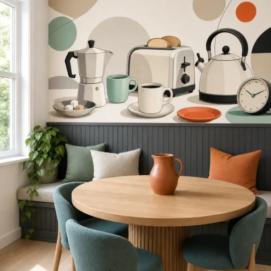 A Scandi-style kitchen breakfast nook featuring a retro kitchen cafe minimalist mural above charcoal wainscoting.