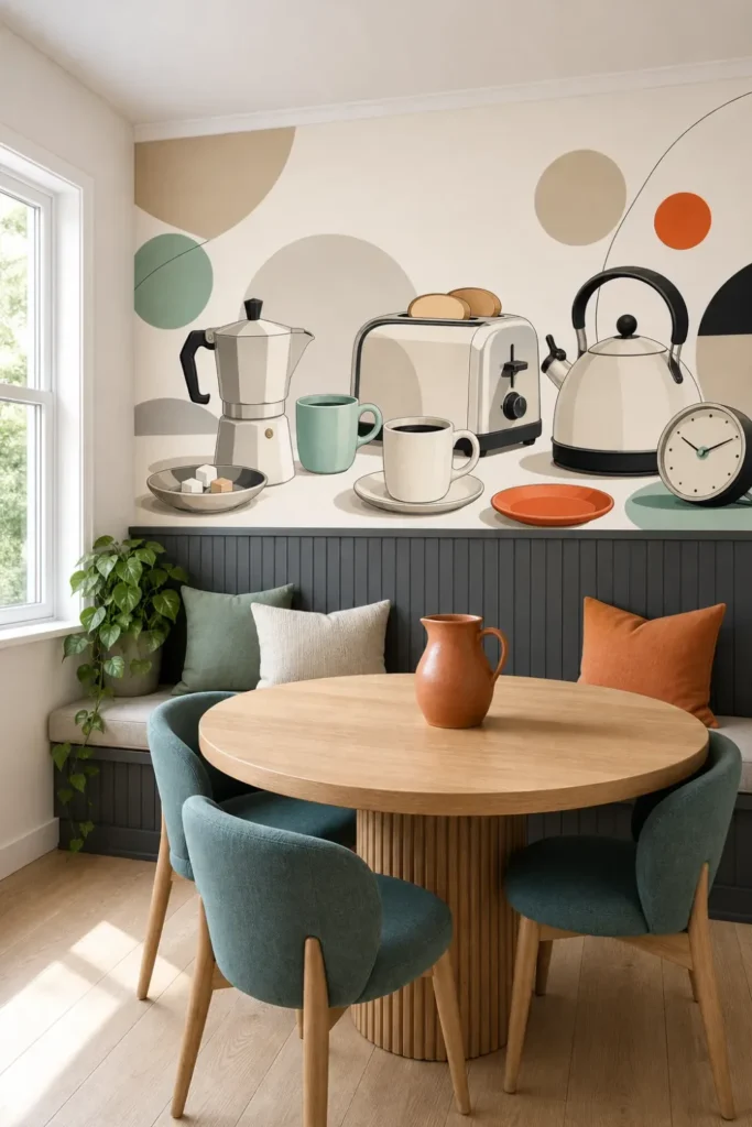 A Scandi-style kitchen breakfast nook featuring a retro kitchen cafe minimalist mural above charcoal wainscoting.
