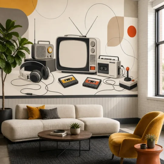 A Contemporary Mid-Century Loft featuring a retro media gadgets minimalist mural on a large feature wall behind a low-profile sofa.