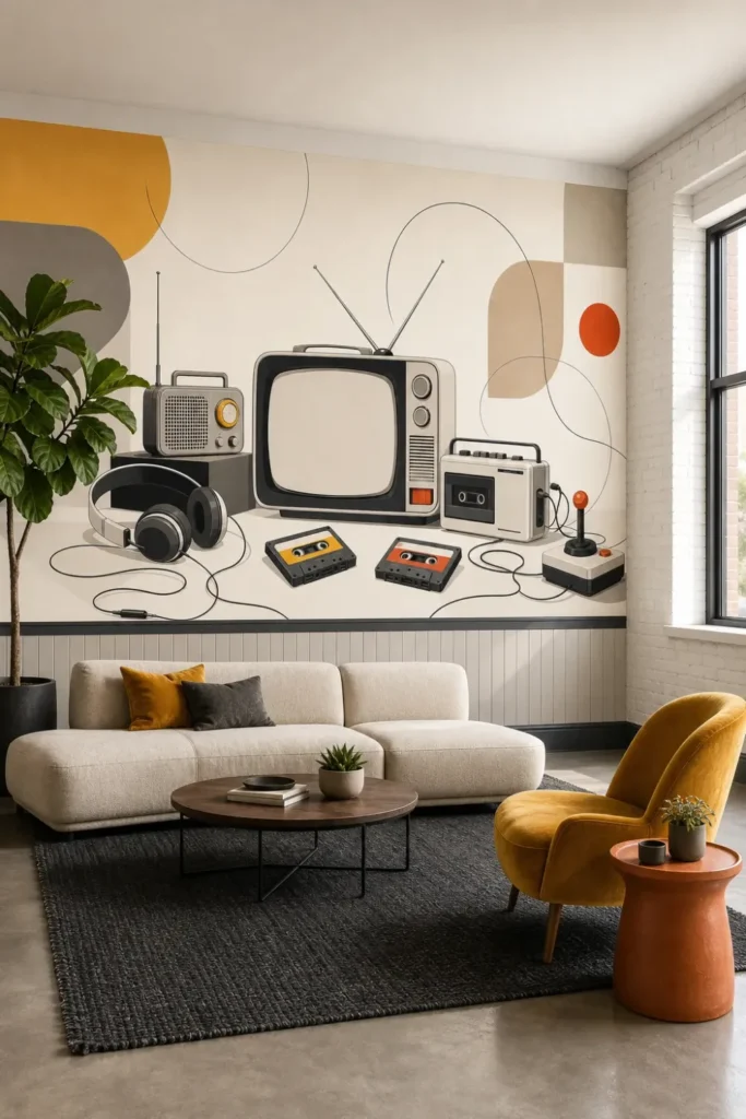 A Contemporary Mid-Century Loft featuring a retro media gadgets minimalist mural on a large feature wall behind a low-profile sofa.