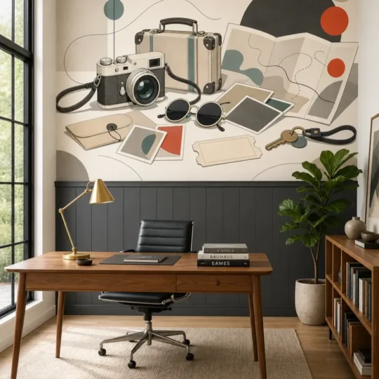 A mid-century modern home office featuring a retro travel keepsakes minimalist mural on central wall above charcoal wood paneling.