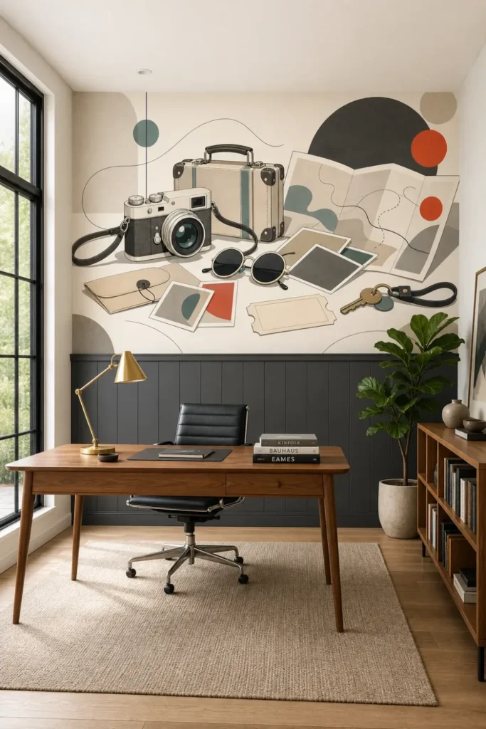 A mid-century modern home office featuring a retro travel keepsakes minimalist mural on central wall above charcoal wood paneling.