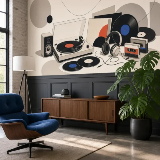 A Contemporary Mid-Century Modern Loft featuring a layered retro music collection minimalist mural installed above charcoal wainscoting.