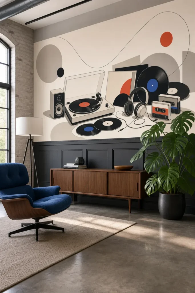 A Contemporary Mid-Century Modern Loft featuring a layered retro music collection minimalist mural installed above charcoal wainscoting.