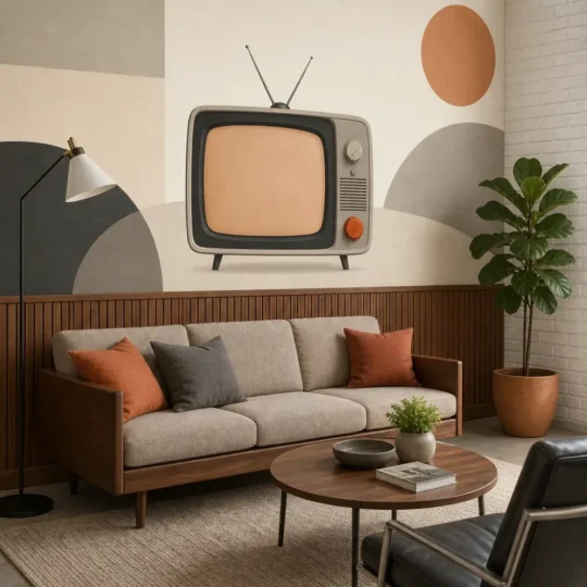 A sophisticated mid-century modern living room featuring a vintage television minimalist magazine mural on a large accent wall above wood paneling.