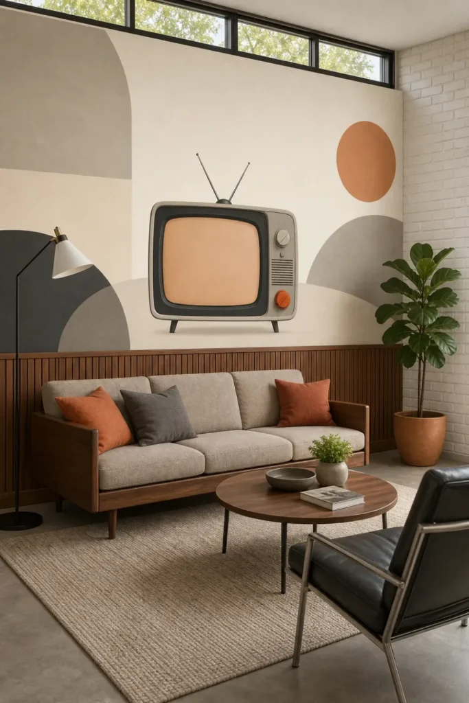 A sophisticated mid-century modern living room featuring a vintage television minimalist magazine mural on a large accent wall above wood paneling.