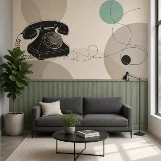 A Scandinavian living room featuring a rotary telephone minimalist magazine mural installed above sage green wainscoting.