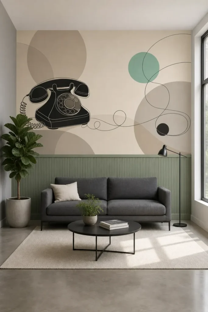A Scandinavian living room featuring a rotary telephone minimalist magazine mural installed above sage green wainscoting.