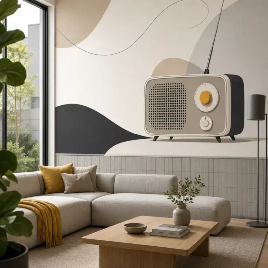 A high-end Scandinavian living room featuring a mid century radio minimalist magazine mural installed as a feature wall above clean wainscoting.