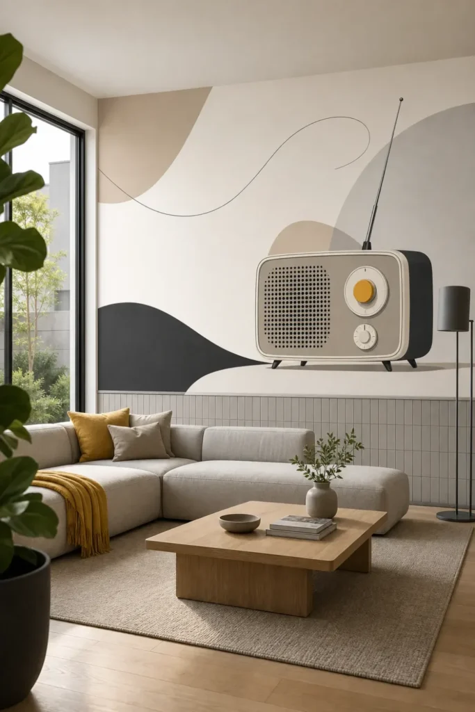 A high-end Scandinavian living room featuring a mid century radio minimalist magazine mural installed as a feature wall above clean wainscoting.