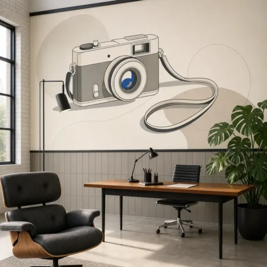 A mid-century modern creative studio featuring a vintage camera minimalist magazine mural on a large accent wall.