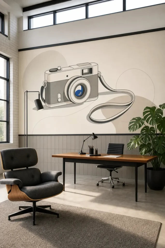 A mid-century modern creative studio featuring a vintage camera minimalist magazine mural on a large accent wall.