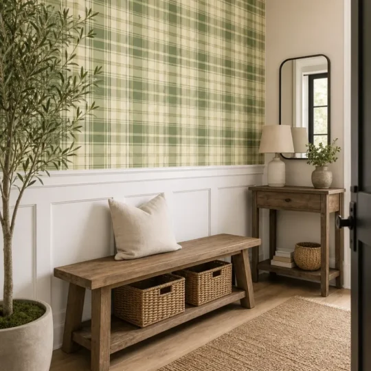 Modern farmhouse entryway featuring a dense moss green madras plaid wallpaper installed above elegant white wainscoting.