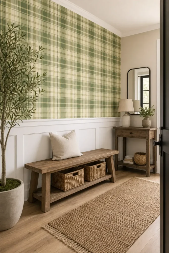 Modern farmhouse entryway featuring a dense moss green madras plaid wallpaper installed above elegant white wainscoting.