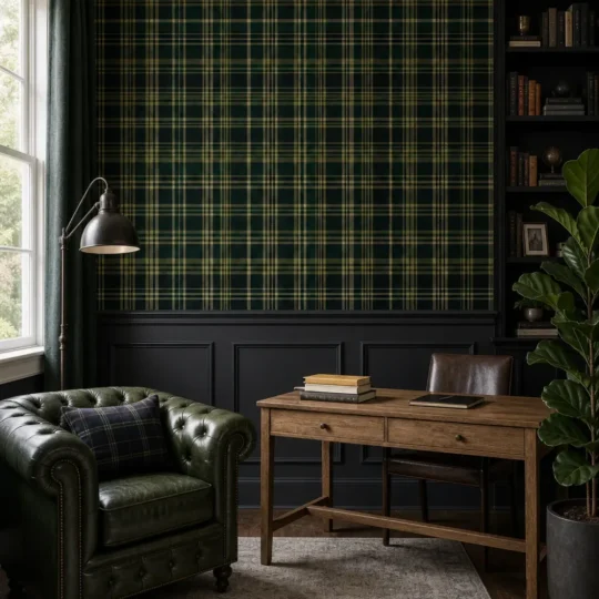 A modern English study featuring a dense forest green tartan plaid wallpaper above dark charcoal wainscoting.